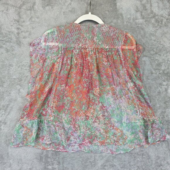 Joie Shirt Womens Large Multicolor Silk Floral Sheer Boho Peasant Top Blouse - Picture 9 of 9